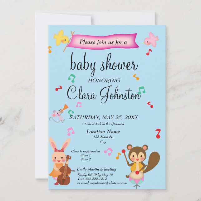 Cute Musical Animals  Baby Shower Invitation (Front)