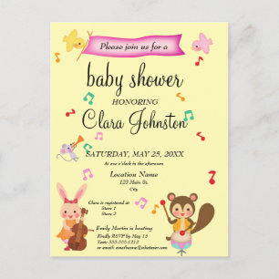 Cute Musical Animals Pink Baby Shower Invitation  