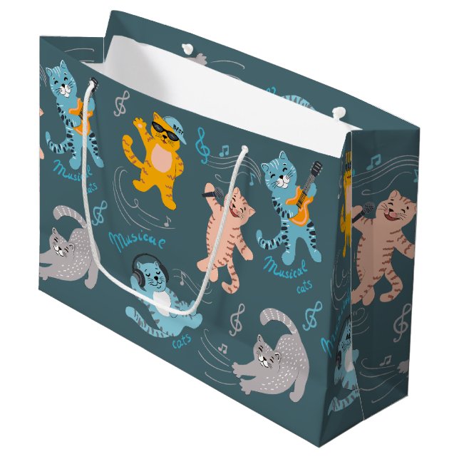 Cute Musical Cats Pattern Kids Birthday Large Gift Bag (Front Angled)