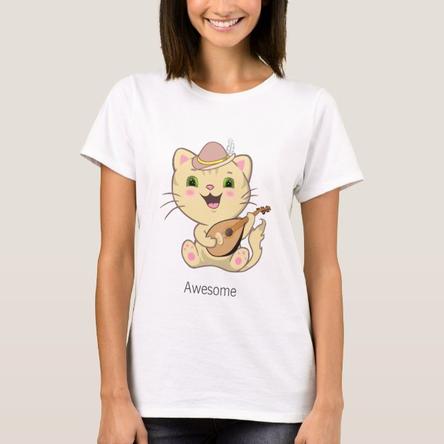 Cute Musical Ginger Caramel Tabby Cat T-Shirt (Front)