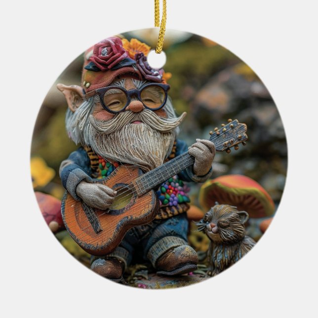 Cute musical gnome playing a guitar  ceramic ornament (Front)