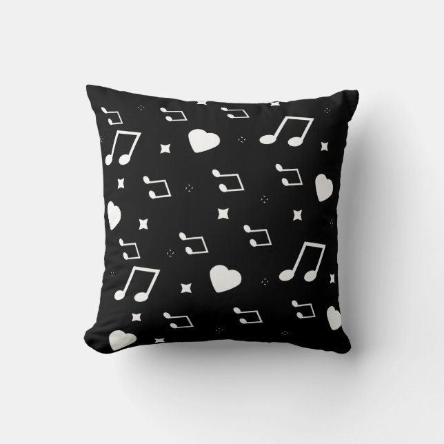 Cute Musical Hearts and Stars Doodles Black Cushion (Front)