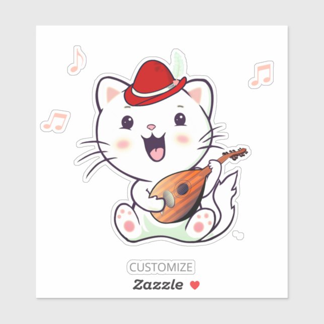 Cute Musical White Cat with Mandolin (Sheet)