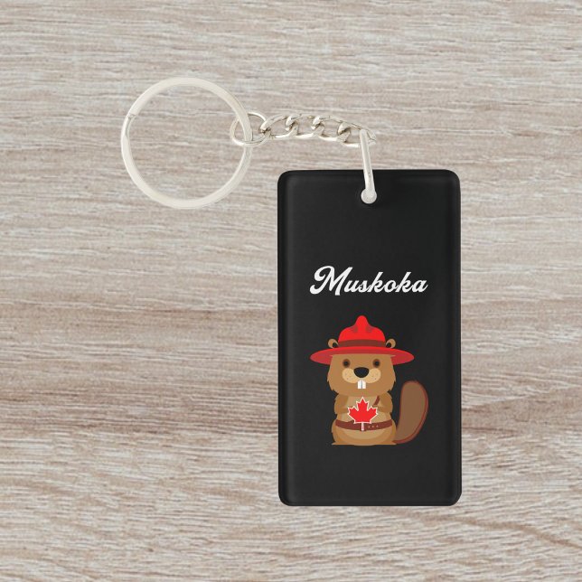 Cute Muskoka Canada Beaver with Red Hat Dark Key Ring (Creator Uploaded)
