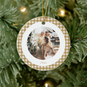 Cute Mustard Gold Plaid Custom Photo Christmas Ceramic Ornament