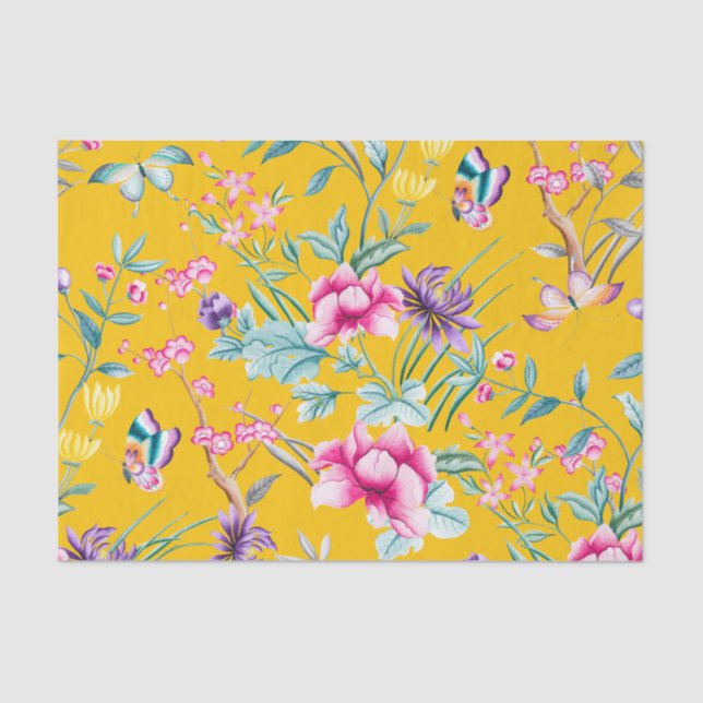 Cute Mustard Yellow Floral & Butterflies Pattern Tissue Paper (Front)