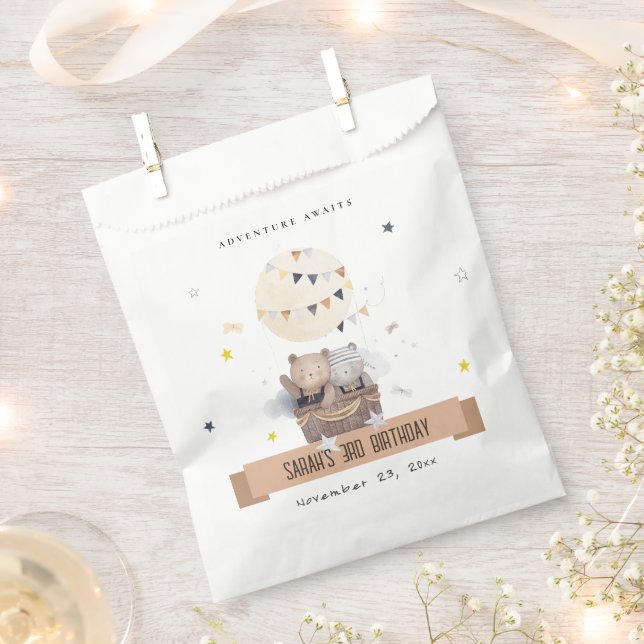 Cute Muted Teddy Hot Air Balloon Kids Birthday Favour Bag (Clipped)