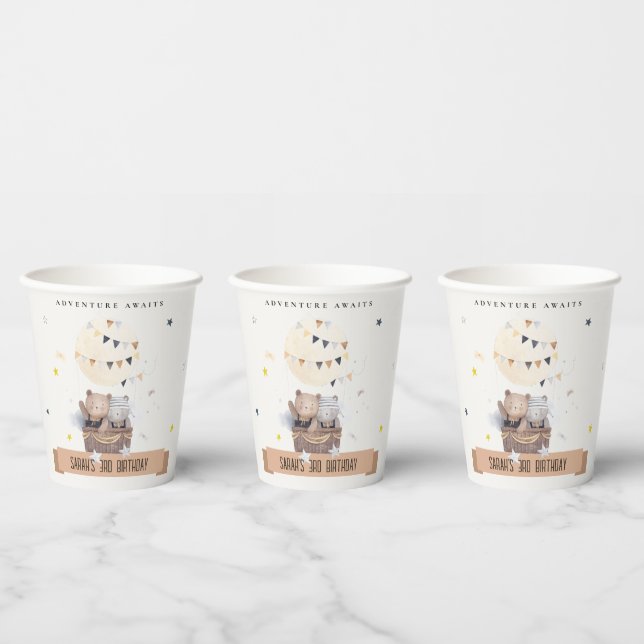 Cute Muted Teddy Hot Air Balloon Kids Birthday Paper Cups (Multi)