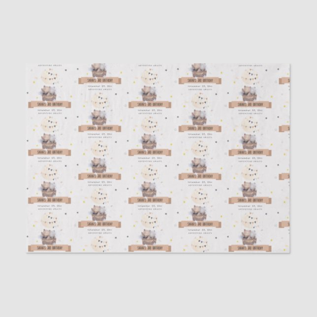 Cute Muted Teddy Hot Air Balloon Kids Birthday Tissue Paper (Front)