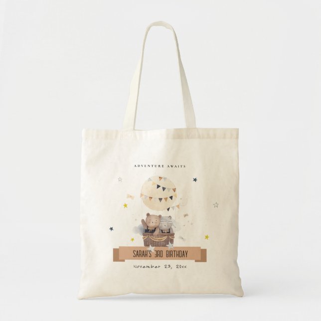 Cute Muted Teddy Hot Air Balloon Kids Birthday Tote Bag (Front)