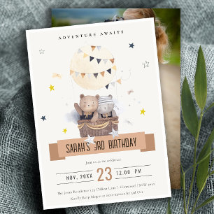 Cute Muted Teddy Hot Air Balloon Photo Birthday Invitation