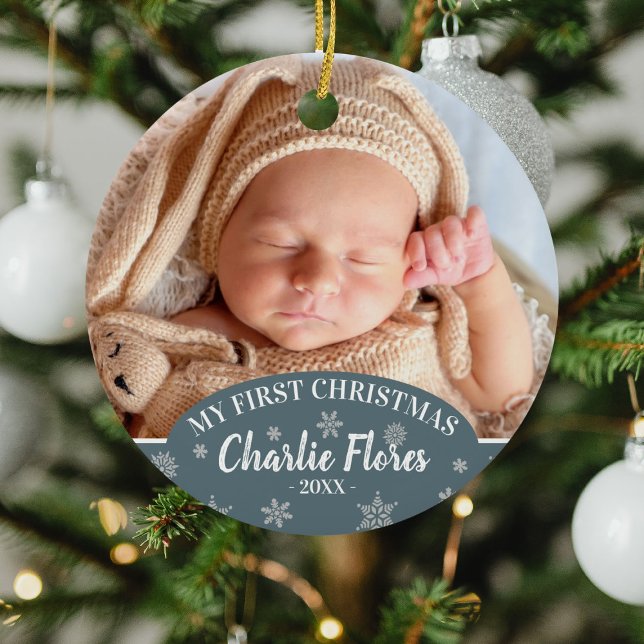Cute My First Christmas Baby Photo, Name  & Year Ceramic Ornament (Creator Uploaded)