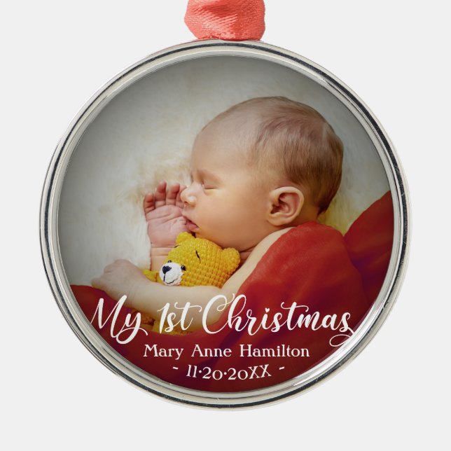 Cute My First Christmas Newborn Baby Photo Metal Ornament (Front)