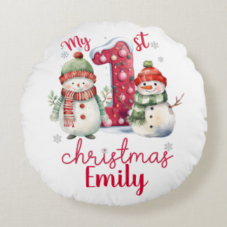 Cute My First Christmas Snowmen Personalise Baby Round Cushion