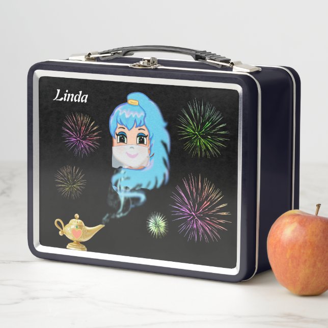 Cute mystic genie, magic lamp & fireworks on black metal lunch box (In Situ)