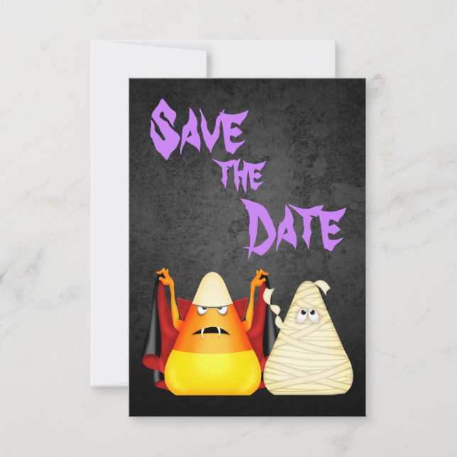 Cute n Spooky Candy Corn Couple Halloween Wedding Save The Date (Front)