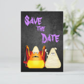 Cute n Spooky Candy Corn Couple Halloween Wedding Save The Date (Standing Front)