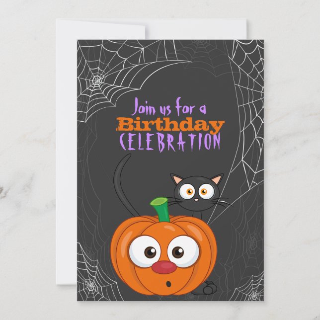 Cute n Spooky Scaredy Cat and Pumpkin Birthday  Invitation (Front)