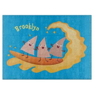Cute nachos corn chips surfing cartoon cutting board