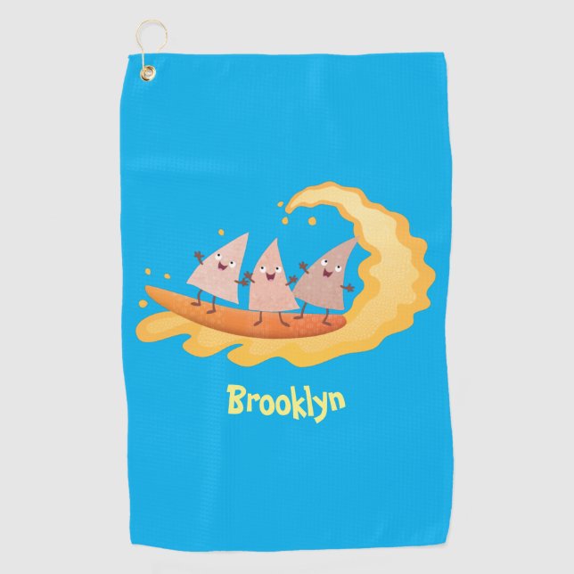 Cute nachos corn chips surfing cartoon golf towel (Front)