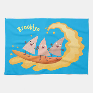 Cute nachos corn chips surfing cartoon  tea towel