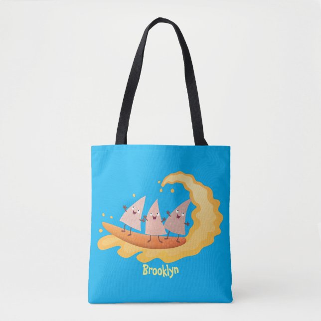 Cute nachos corn chips surfing cartoon  tote bag (Front)