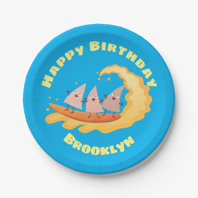 Cute nachos corn chips surfing paper plate (Front)