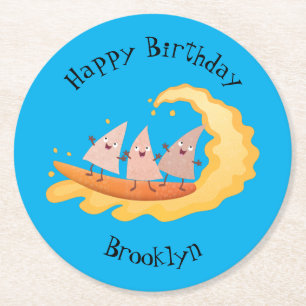 Cute nachos corn chips surfing round paper coaster