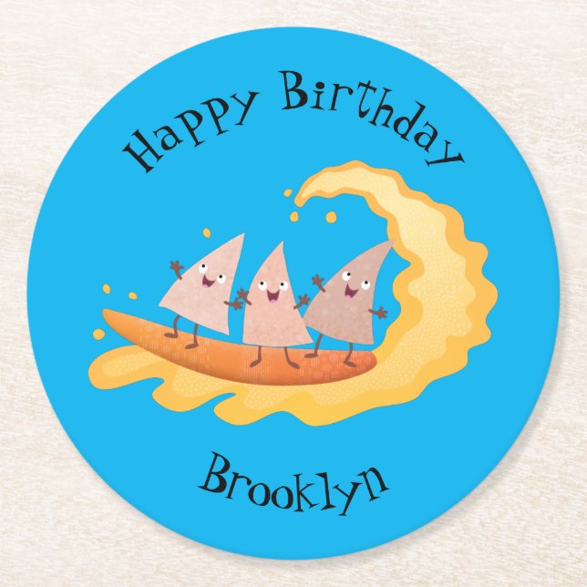 Cute nachos corn chips surfing  round paper coaster (Front)