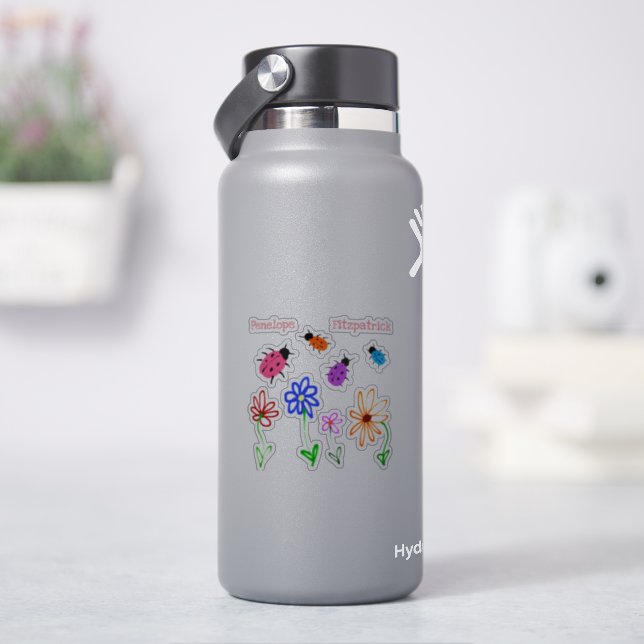 Cute Naive Garden Flowers and Ladybugs with Name (HydroFlask)
