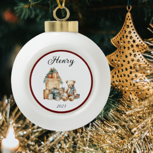 Cute Name Christmas Teddy Ceramic Ball Christmas Ornament