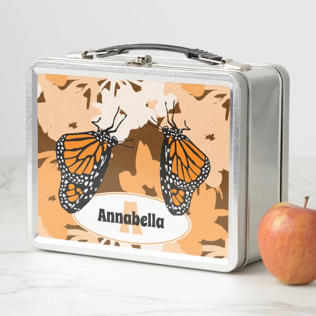 Cute Name Initial Orange Monarch Butterfly Metal Lunch Box (In Situ)
