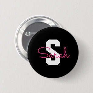 Cute Name & Monogram   Black White & Pink 6 Cm Round Badge