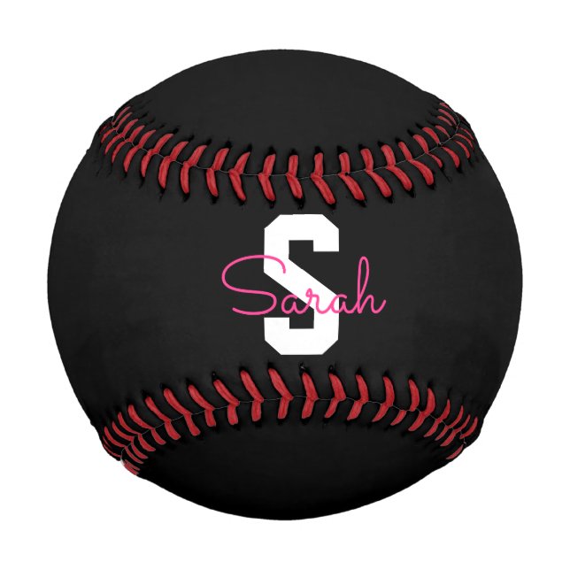 Cute Name & Monogram | Black White & Pink Baseball (Front)