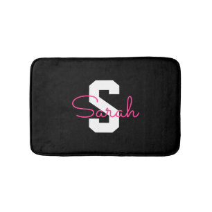 Cute Name & Monogram Black White & Pink Bath Mat