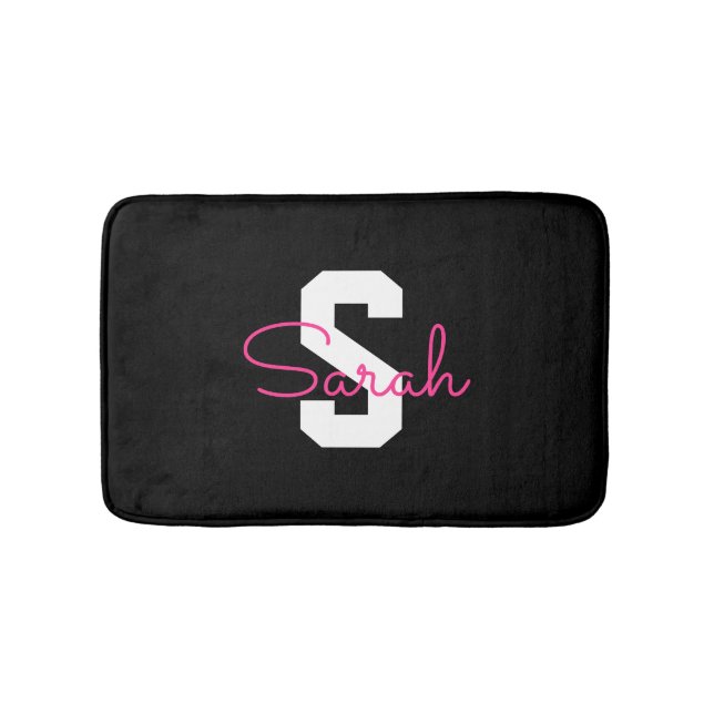Cute Name & Monogram | Black White & Pink Bath Mat (Front)