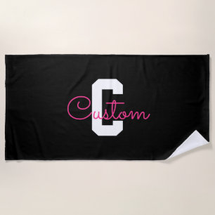 Cute Name & Monogram   Black White & Pink Beach Towel