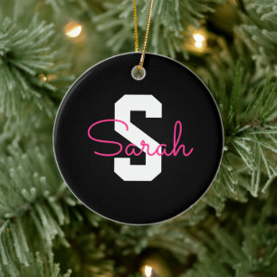 Cute Name & Monogram Black White & Pink Ceramic Ornament