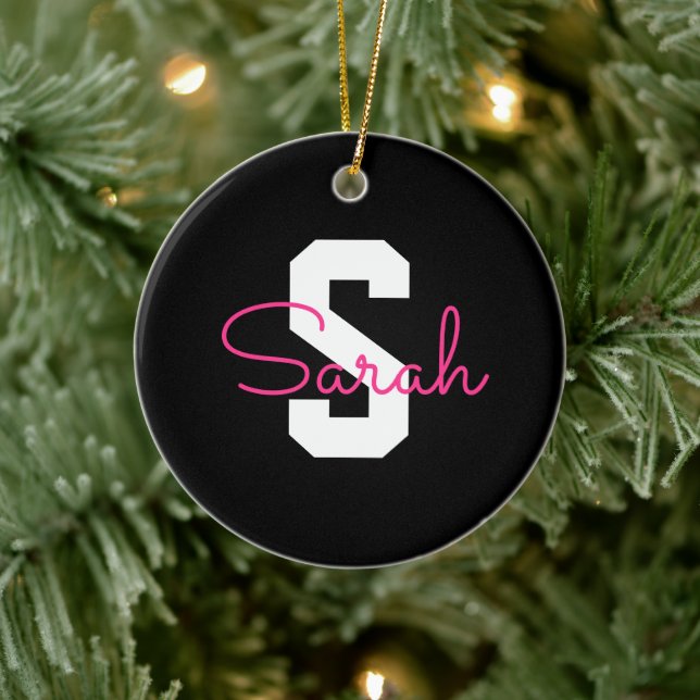 Cute Name & Monogram | Black White & Pink Ceramic Ornament (Tree)