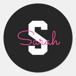 Cute Name & Monogram Black White & Pink Classic Round Sticker