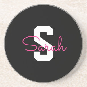 Cute Name & Monogram Black White & Pink Coaster