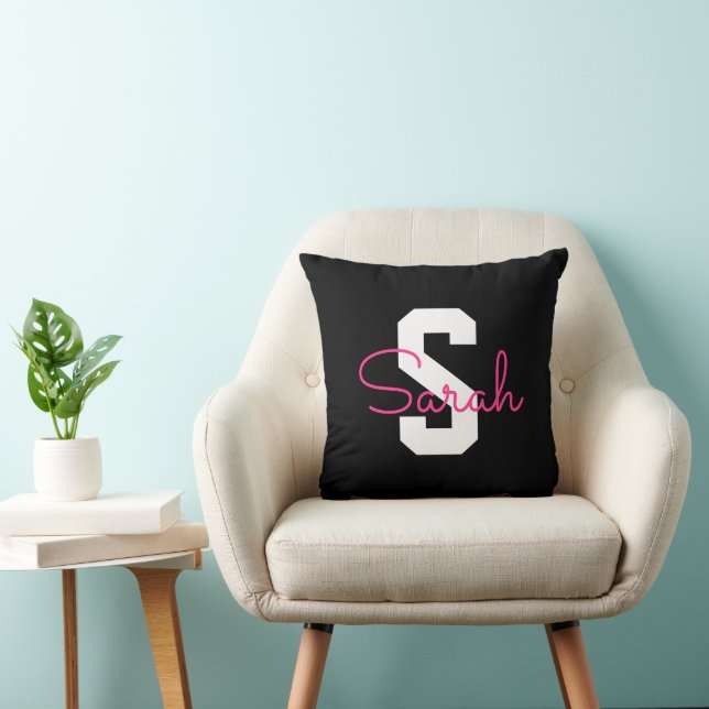 Cute Name & Monogram | Black White & Pink Cushion (Chair)