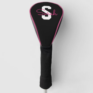 Cute Name & Monogram Black White & Pink Golf Head Cover