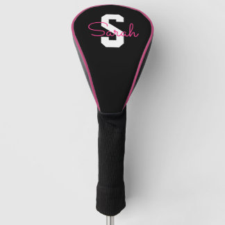 Cute Name & Monogram | Black White & Pink Golf Head Cover