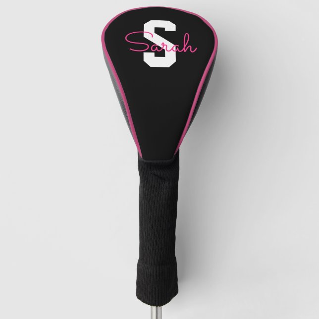 Cute Name & Monogram | Black White & Pink Golf Head Cover (Front)