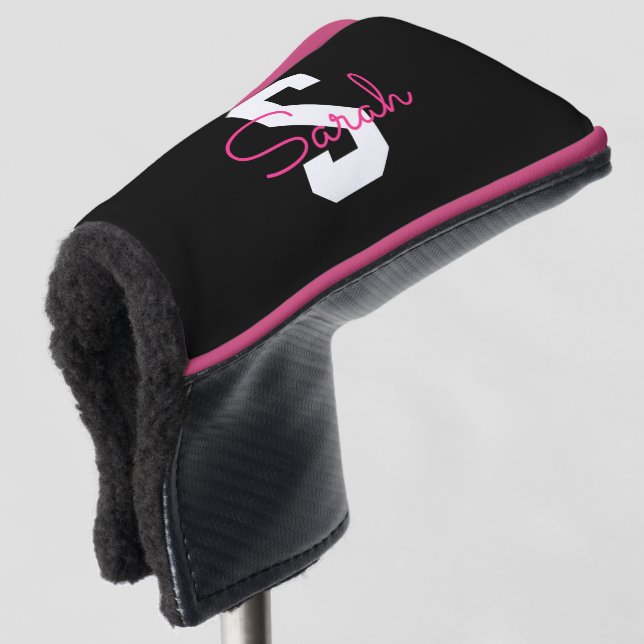 Cute Name & Monogram | Black White & Pink Golf Head Cover (3/4 Front)