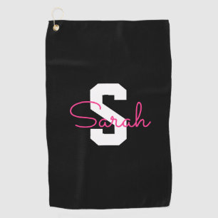Cute Name & Monogram Black White & Pink Golf Towel