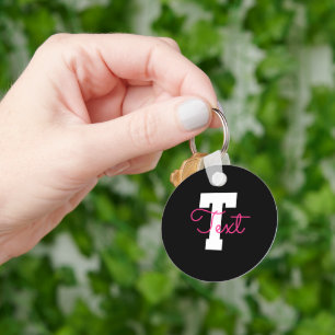Cute Name & Monogram Black White & Pink Key Ring