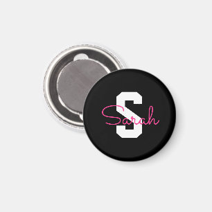Cute Name & Monogram   Black White & Pink Magnet
