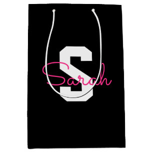 Cute Name & Monogram   Black White & Pink Medium Gift Bag